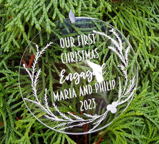First Christmas ornament engraved personalized acrylic bauble with custom message engaged, married, baby