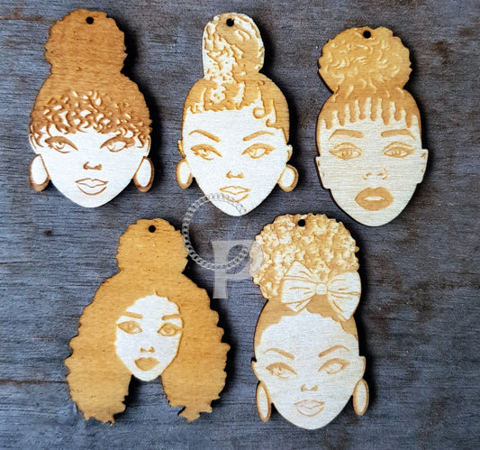 Wooden shapes African girl with Afro hair for jewelry earrings making unfinished diva silhouettes for crafts