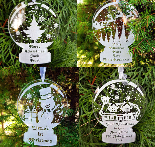 Personalized name bauble snow globe shape first Christmas tree ornament decorations Xmas any message your text