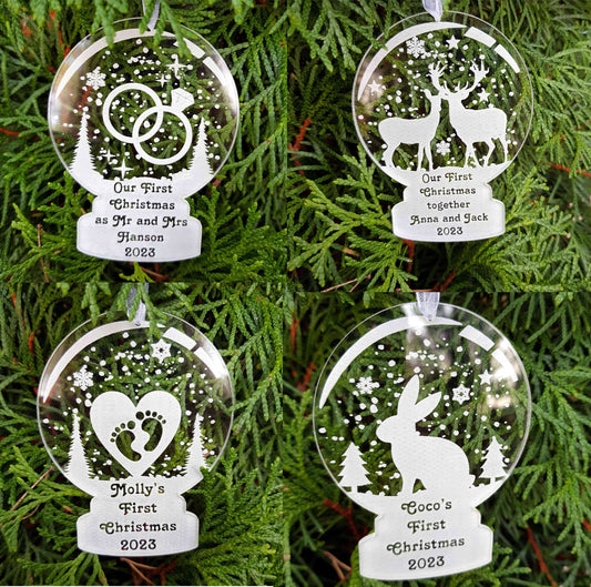 Personalized custom ornament bauble snow globe shape first Christmas married, engaged, bunny, tree ornament decorations Xmas any message