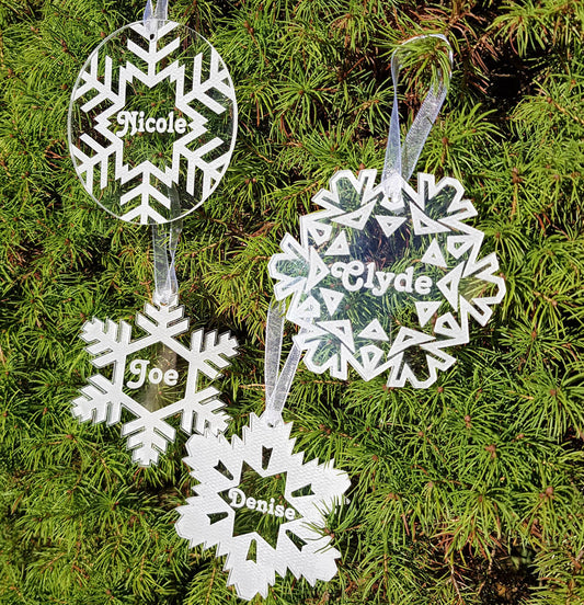4 snowflake ornaments personalized clear acrylic name bauble