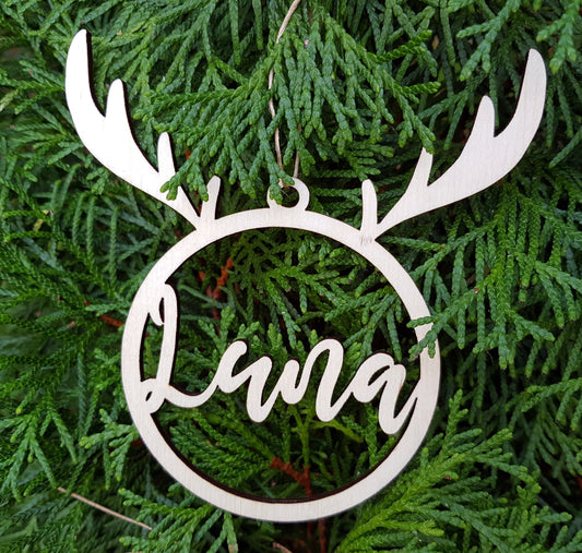 Personalized wooden ornament with any name laser cut reindeer first Christmas bauble gift natural wood