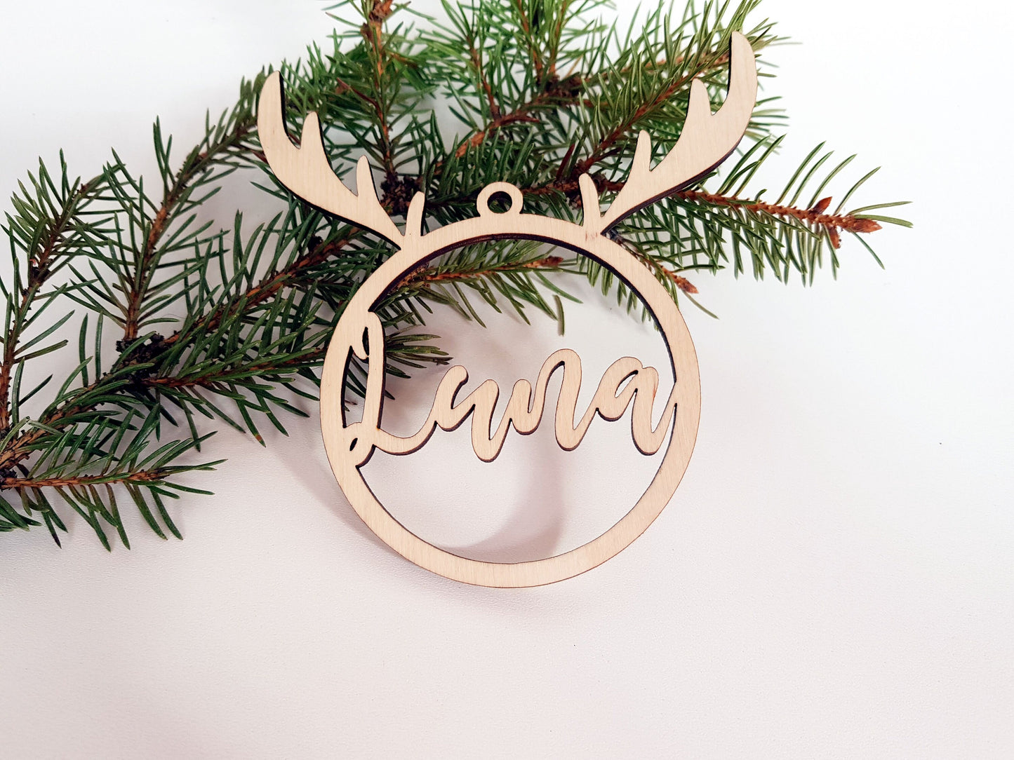 Personalized wooden ornament with any name laser cut reindeer first Christmas bauble gift natural wood