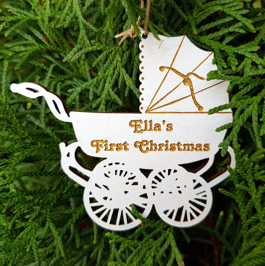 Baby's first Christmas wooden ornament personalized pram shaped decorations Xmas message text kids name