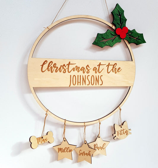 Minimalist Christmas wreath custom faimly decor simple natural wood personalized wooden hoop boho style