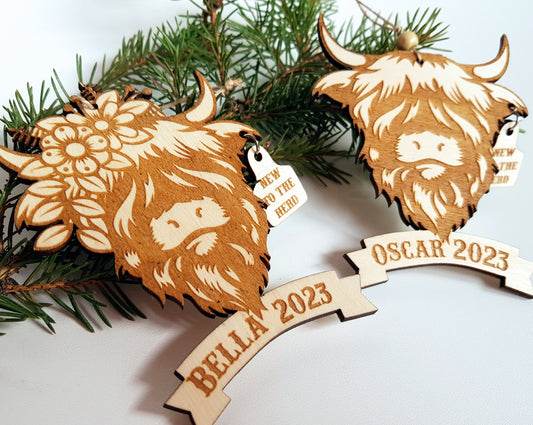Baby's first ornament personalized wooden hightland cow with any name laser cut  custom new to the herd gift