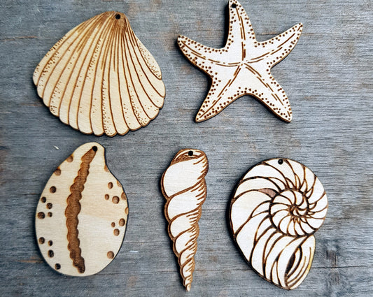 10 wooden shapes for jewelry crafts earrings making blanks engraved marine themed shells