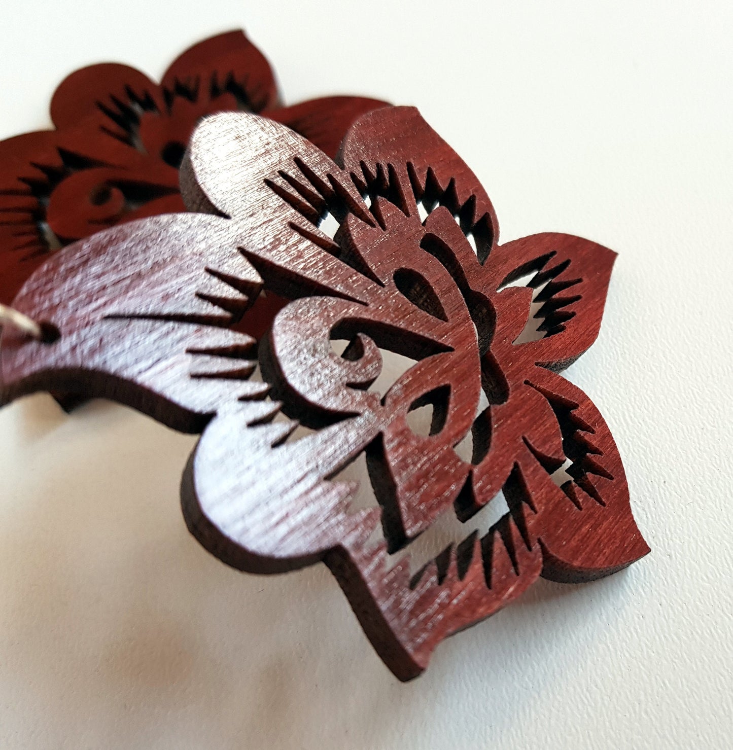 Flower shaped wooden earrings boho style jewelry mahogany laser cut folk floral ethnic hand painted