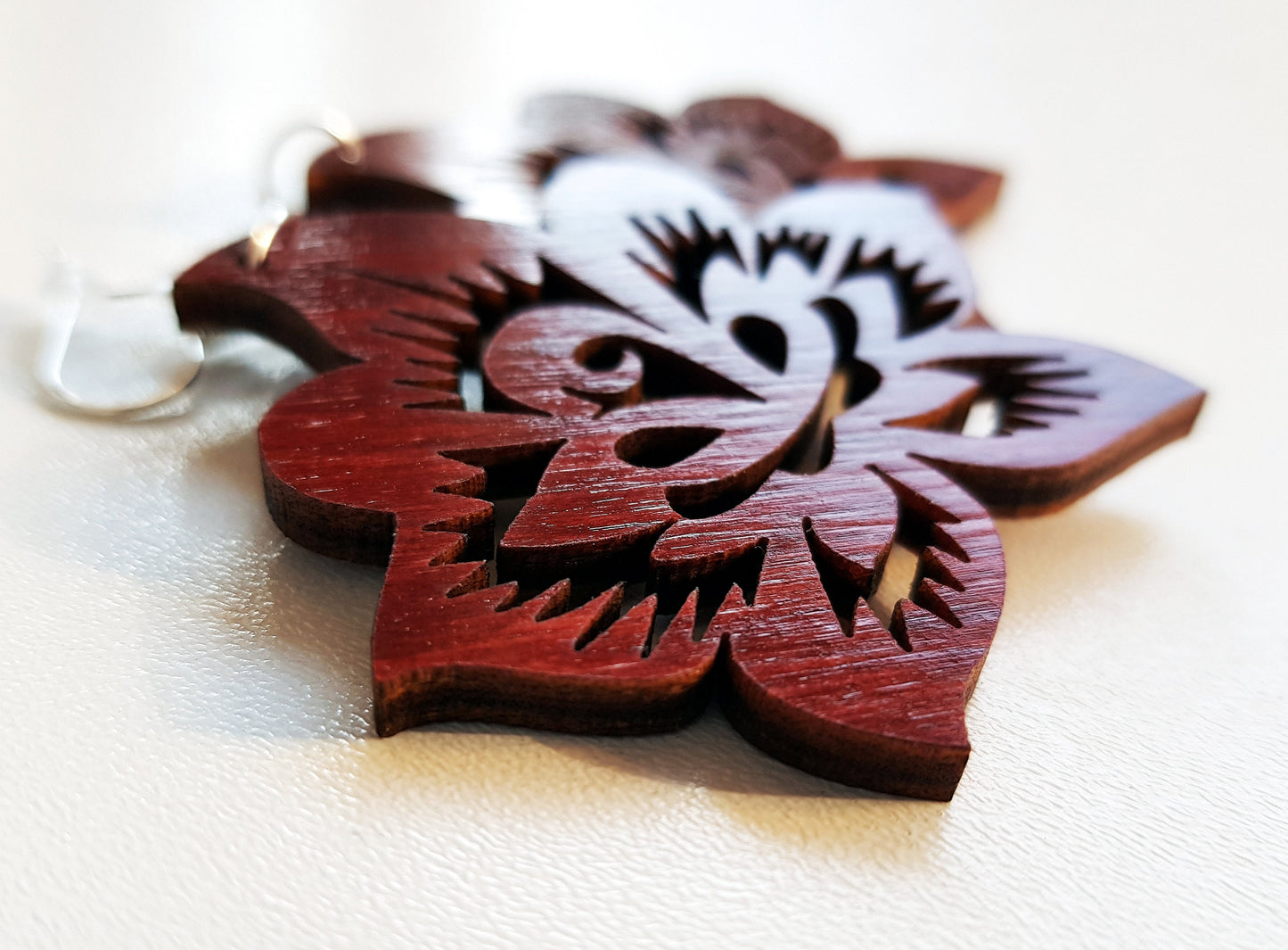 Flower shaped wooden earrings boho style jewelry mahogany laser cut folk floral ethnic hand painted