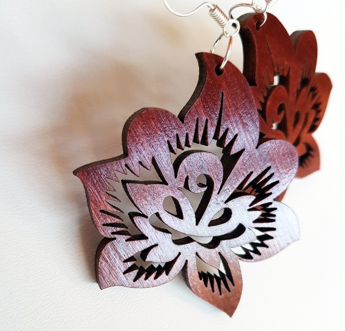 Flower shaped wooden earrings boho style jewelry mahogany laser cut folk floral ethnic hand painted