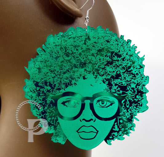 African earrings mirror Afro silhouette woman acrylic engraved natural hair coils gold, silver pink, blue, green