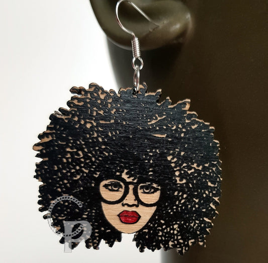 African woman Afro silhouette wooden engraved natural hair coils glasses earrings black with red lips