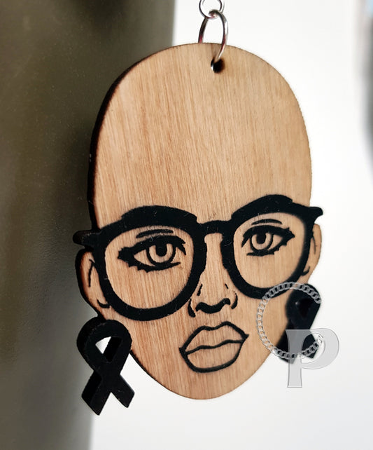 African earrings bald woman cancer awareness ribbon wooden and double sided Afrocentric jewelry with glasses in black