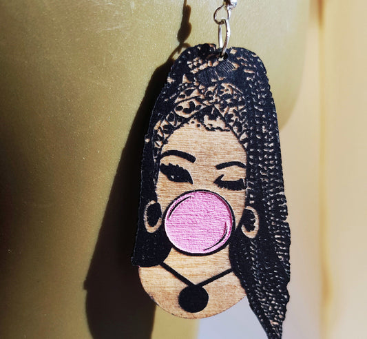 African earrings for woman Afro silhouette wooden engraved natural hair girl with a buble gum