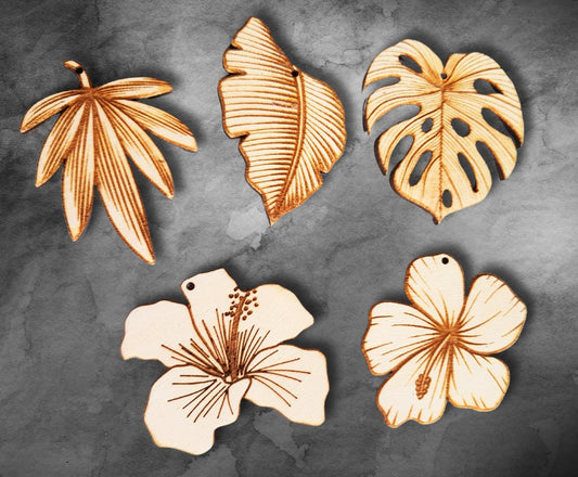 10 wooden shapes for jewelry crafts earrings making blanks engraved tropical themed monstera palm leaf hibiscus