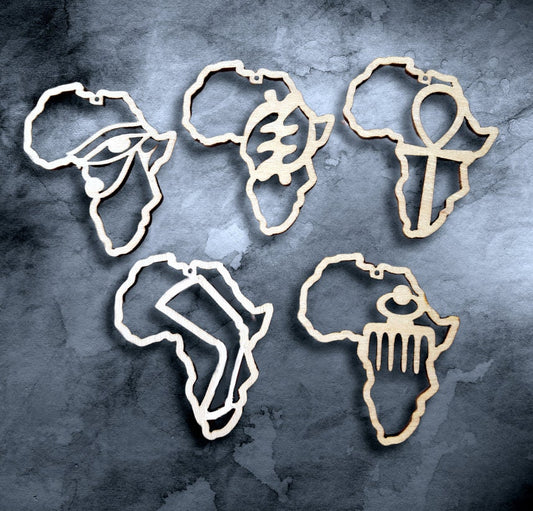 10 unfinished wooden Africa shapes for jewelry earrings making with ANKH, Gye Nyame, symbols