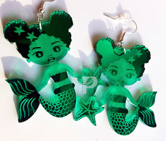 African earrings mirror Afro mermaid silhouette girls acrylic engraved natural hair coils gold, silver pink, blue, green