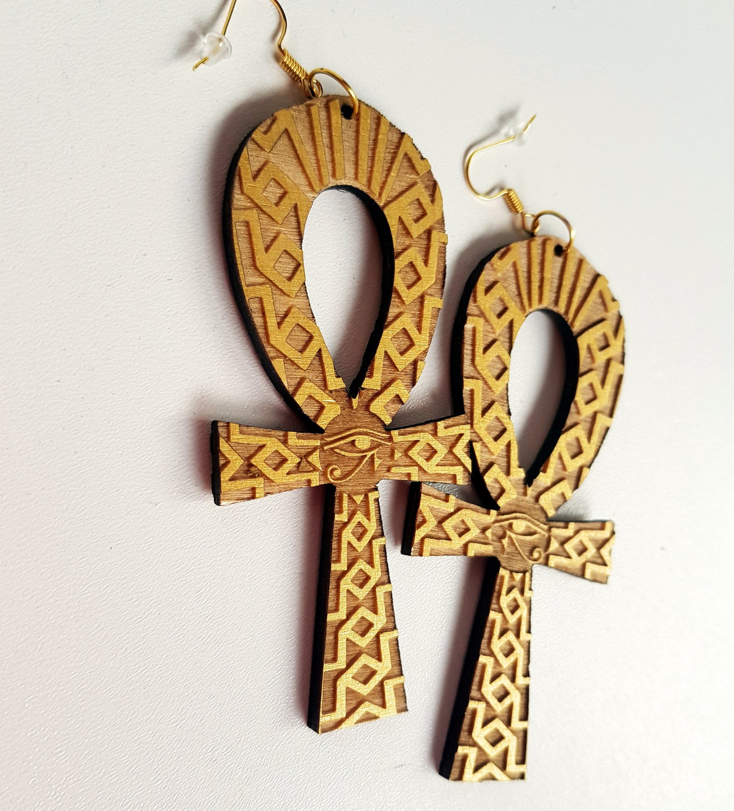 Ankh wooden earrings with engravings gold and natural wood Egyptian cross