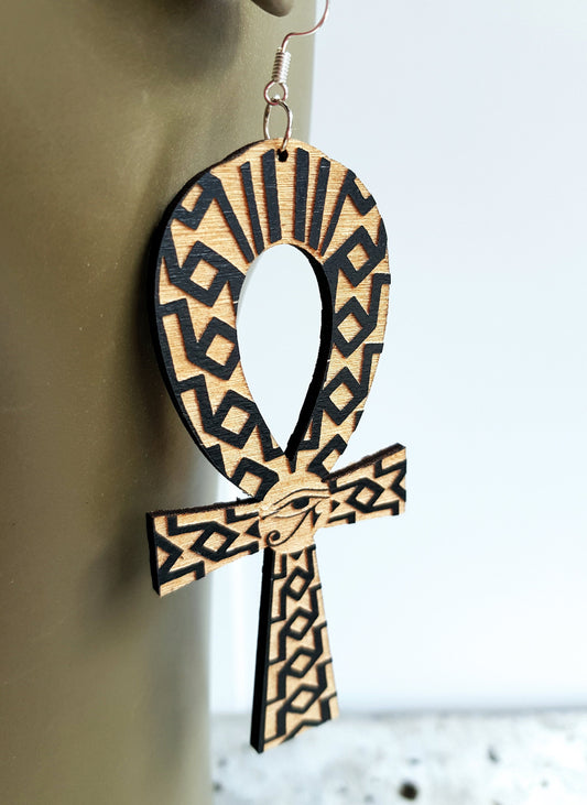 Ankh wooden earrings with engravings black and natural wood Egyptian cross