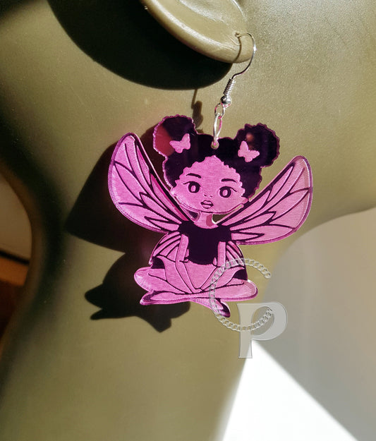 African earrings mirror Afro butterfly silhouette girls acrylic engraved natural hair coils gold, silver pink, blue, green