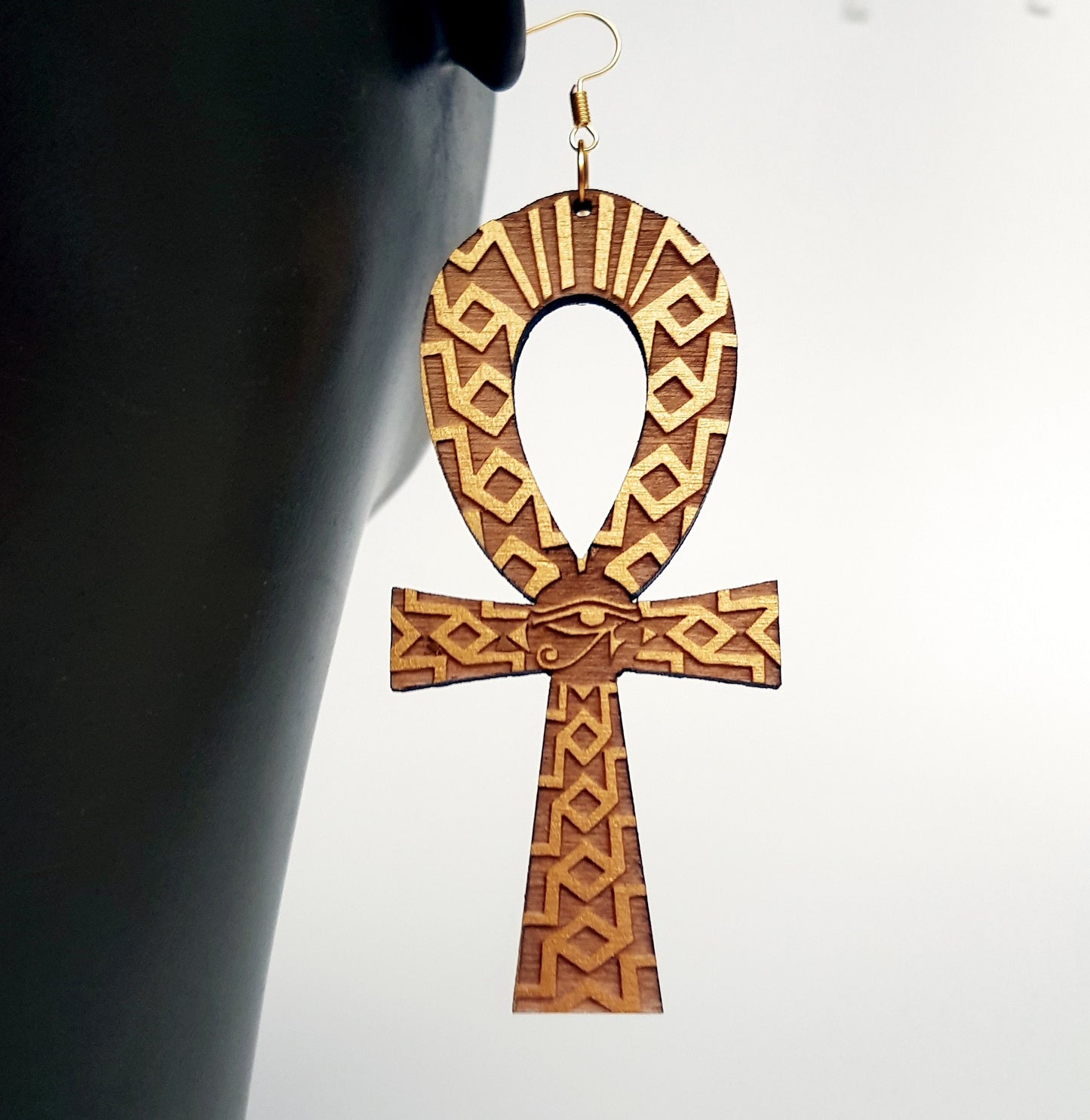 Ankh wooden earrings with engravings gold and natural wood Egyptian cross