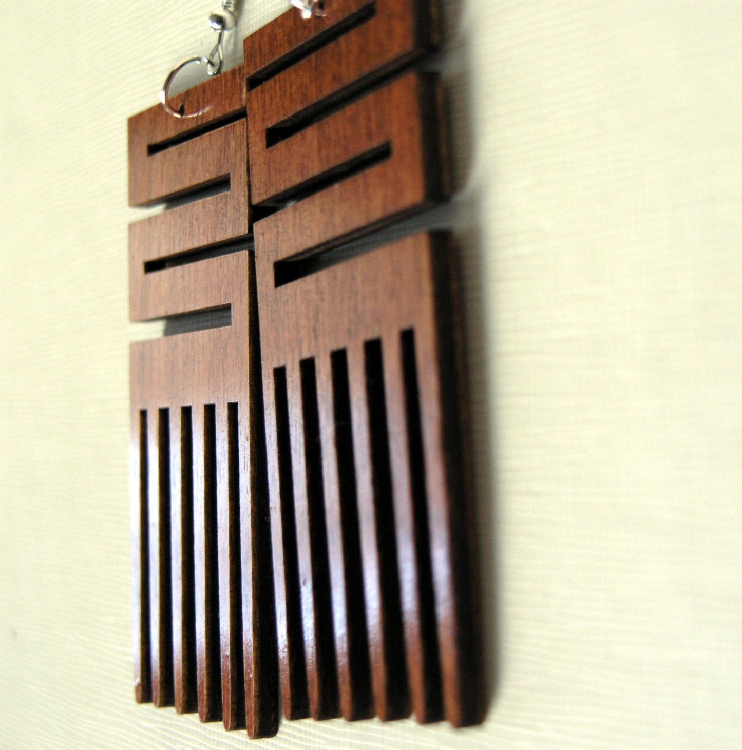 Laser cut wooden earrings Afro pick NKYINKYIM Adinkra Symbol brown mahogany