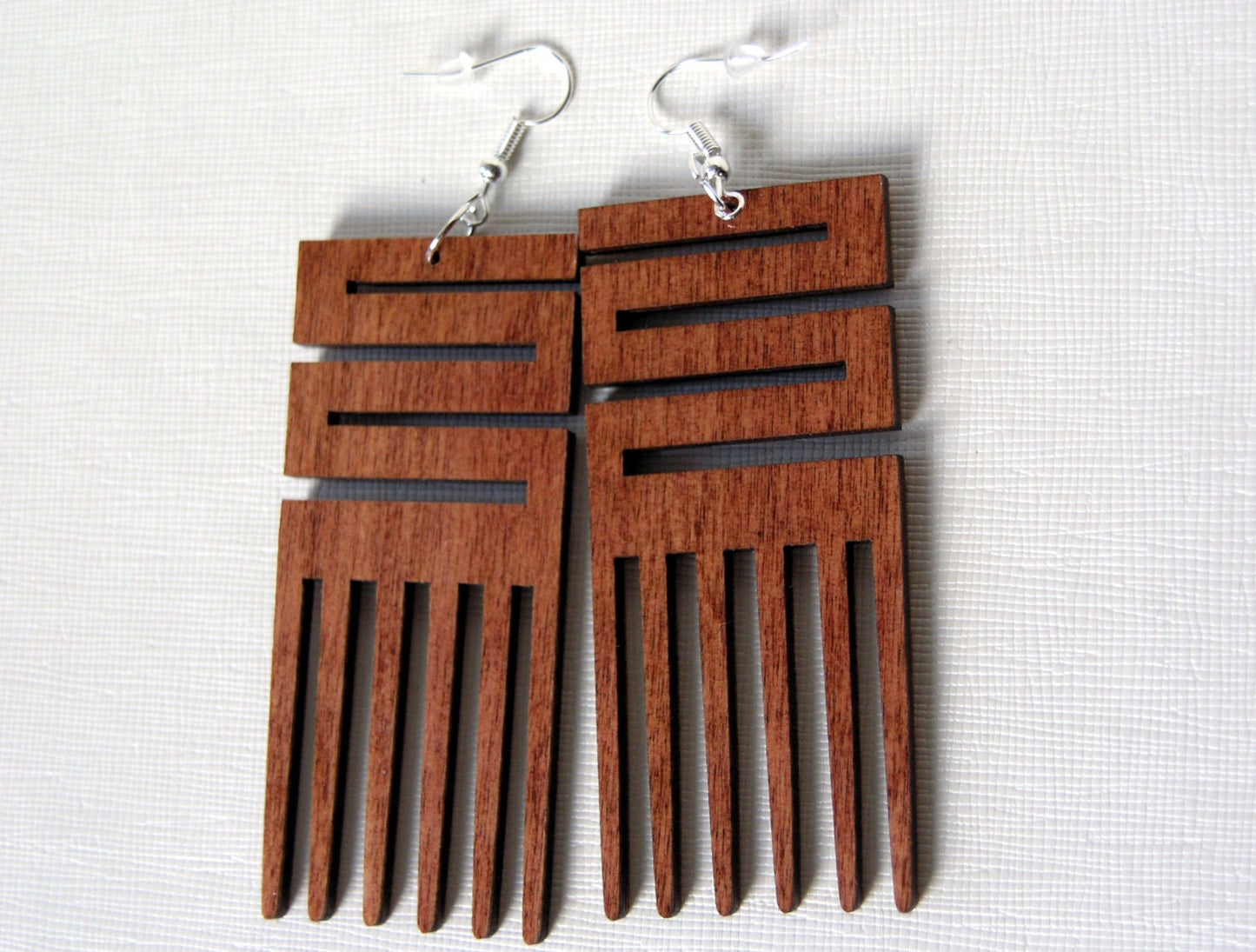 Laser cut wooden earrings Afro pick NKYINKYIM Adinkra Symbol brown mahogany