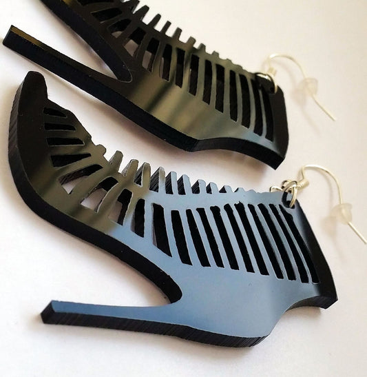 Laser cut black acrylic earrings shoe stilettos