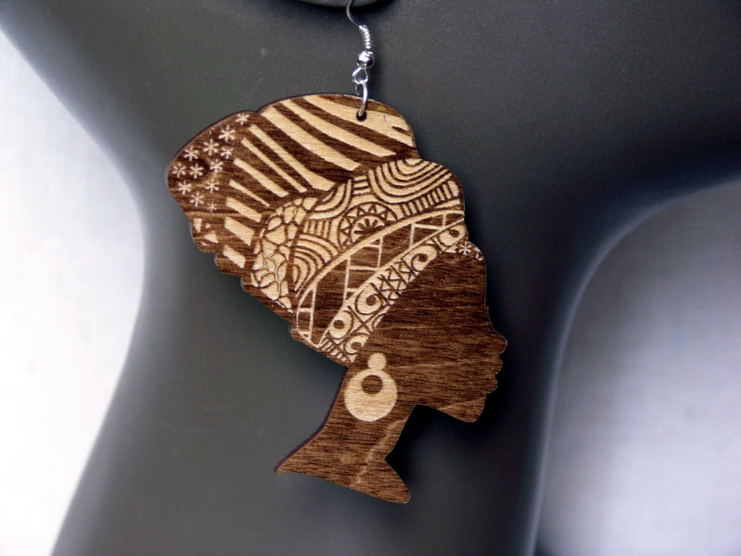 African woman head wrap silhouette wooden pattern engraved wood earrings