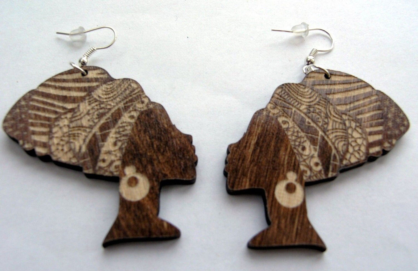 African woman head wrap silhouette wooden pattern engraved wood earrings