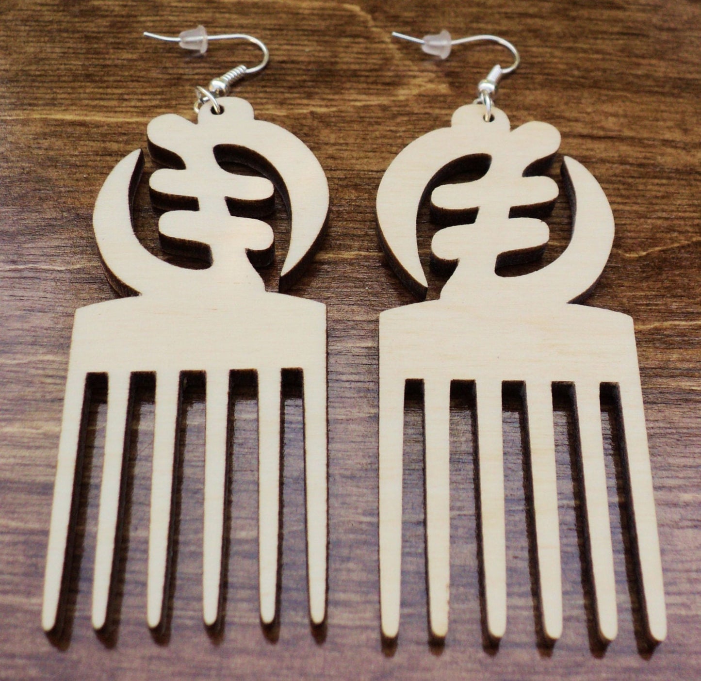 Natural wooden earrings laser cut Adinkra Gye Nyame pick comb plain birch