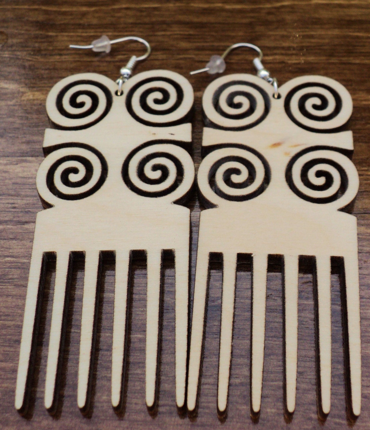 Wooden earrings laser cut Adinkra Dwennimmen pick comb plain birch