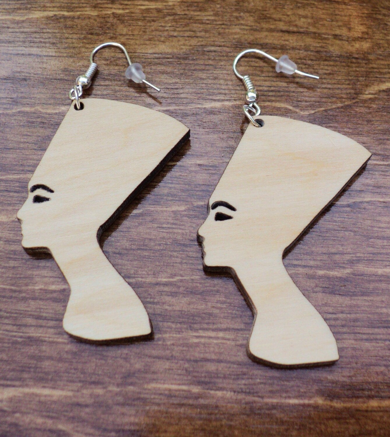 Natural wooden earrings laser cut Nefertiti plain birch