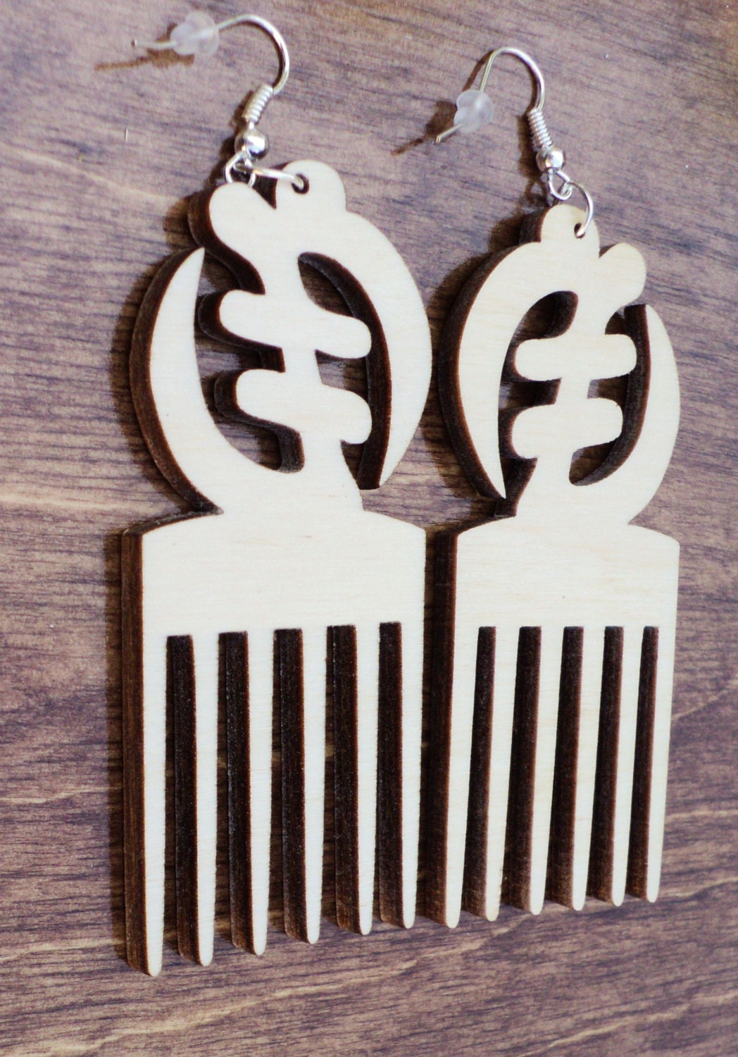 Natural wooden earrings laser cut Adinkra Gye Nyame pick comb plain birch