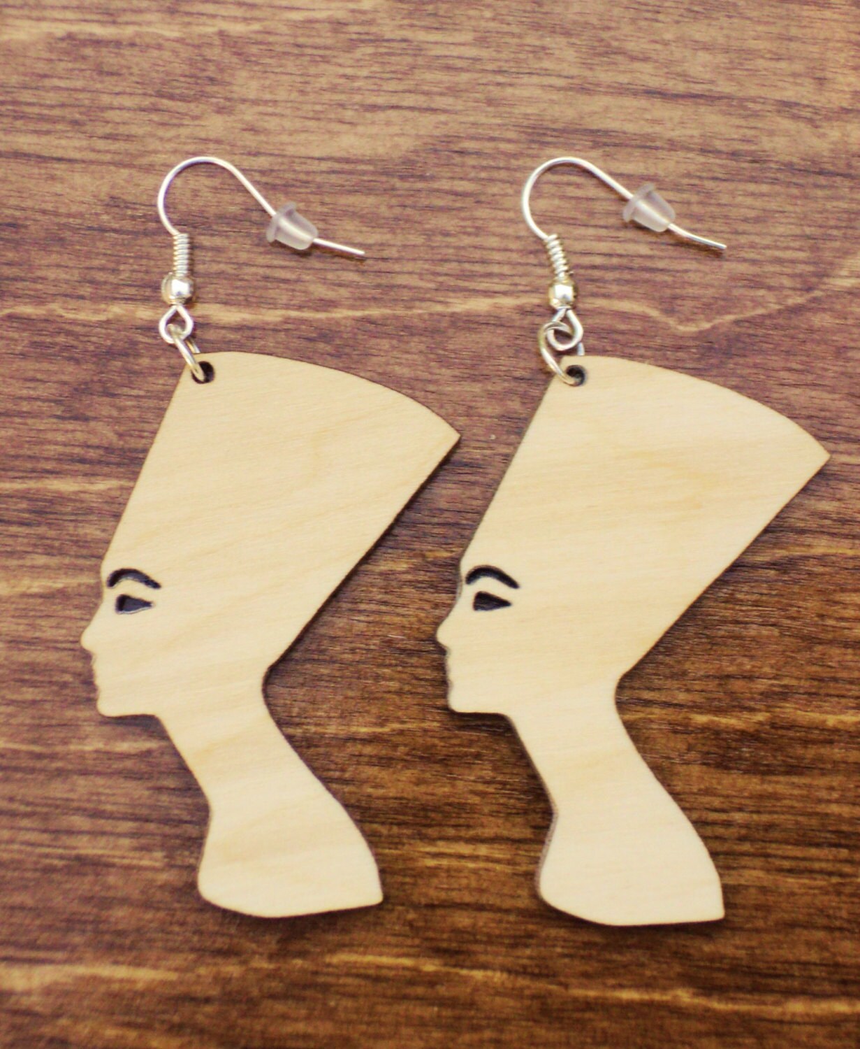 Natural wooden earrings laser cut Nefertiti plain birch